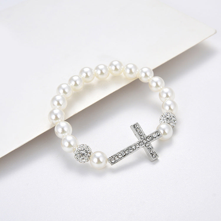 Fashionable Imitation Pearl Beaded Bracelet Cross Pendant Elastic Bracelet Jewelry Decoration Souvenir Gift for Women